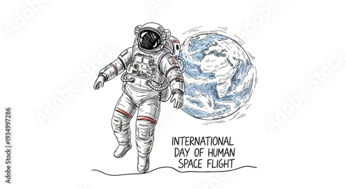 Astronaut in Space Suit Floating Near Earth.