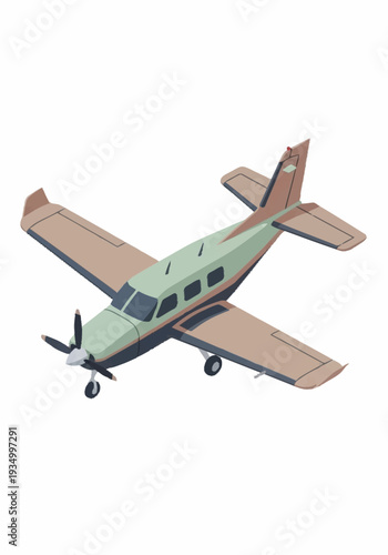 Small green and brown airplane flying with visible propeller.