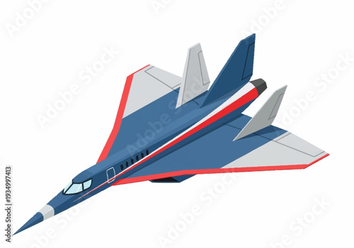Blue and red cartoon fighter jet on white background.
