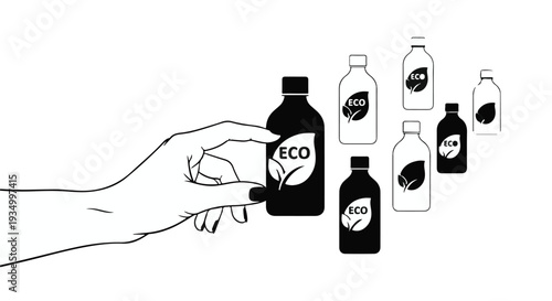 Hand selecting an eco-friendly product bottle from a selection of sustainable options.