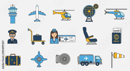 Collection of Aviation and Airport Icons in Blue and Yellow.