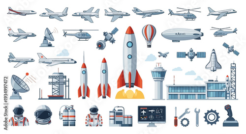 Aerospace Industry Elements and Space Exploration Icons.