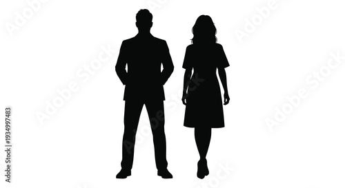 A black silhouette depicts a formally dressed man and woman standing closely together silhouette high quality professional detailed