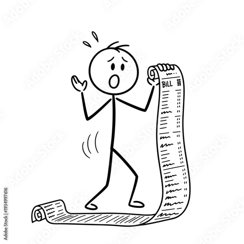 Surprised and distressed customer reviewing a long bill for expense-related discussions in business