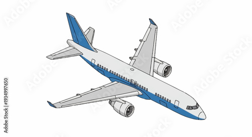 A white and blue commercial airplane in flight.