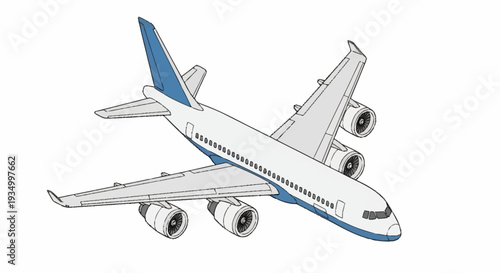 White and blue commercial airplane in flight with engines and tail fin.