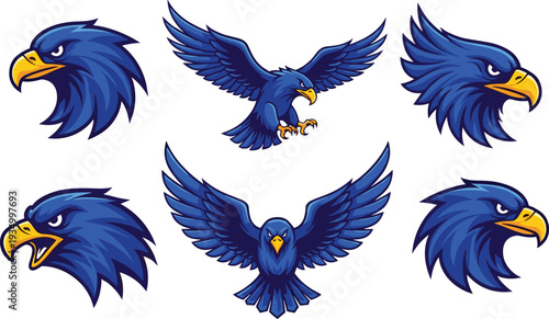 Blue eagle mascot character set with flying and head poses powerful bird emblem illustration for sports team logo and mascot design.
