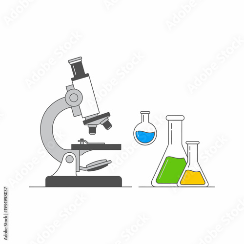 Microscope and laboratory flasks with colorful liquids, science and research concept