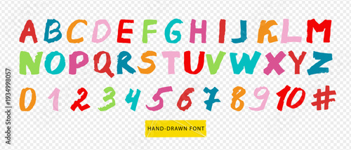 Children's alphabet: handwritten vector font with uppercase letters and numbers, made with a brush in bright colors, horizontal format. Perfect for designing children's projects and learning.