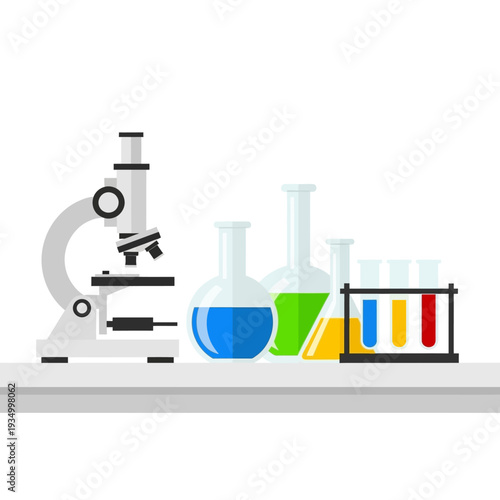 Microscope and laboratory glassware with colorful liquids on a shelf