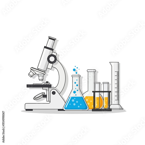 Microscope and laboratory glassware with colorful liquids for scientific research and experiments