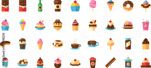 Sweet dessert and snack icon collection with cupcake ice cream donut chocolate cake coffee and candy vector illustration set.