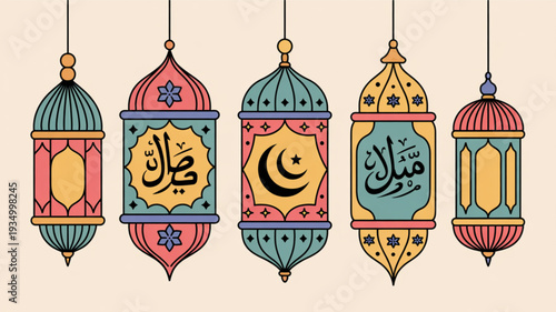 Colorful easter eggs and tulips with bunny ears and chick on pastel background for spring celebration