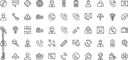 Communication Contact Icon Set with Phone Call Message User Support Chat Network and Business Interaction Line Vector Collection