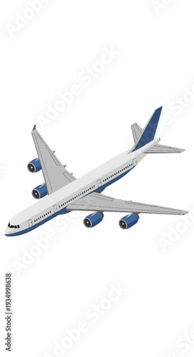 White and blue commercial airplane in flight against a plain white background.