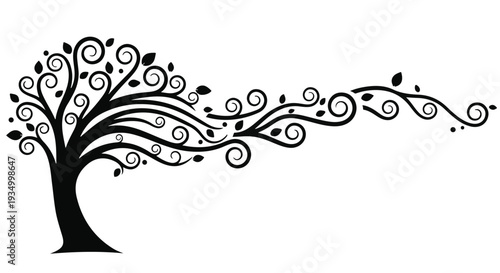 Artistic tree silhouette with swirling branches and leaves blowing in the wind