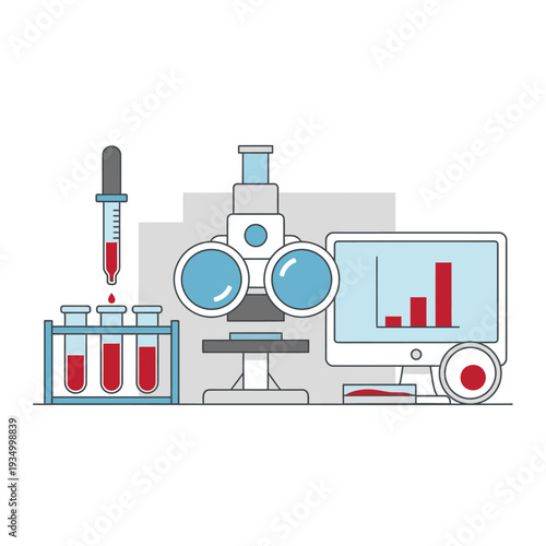 Medical Laboratory Research: Microscope, Test Tubes, Pipette, and Computer with Graph