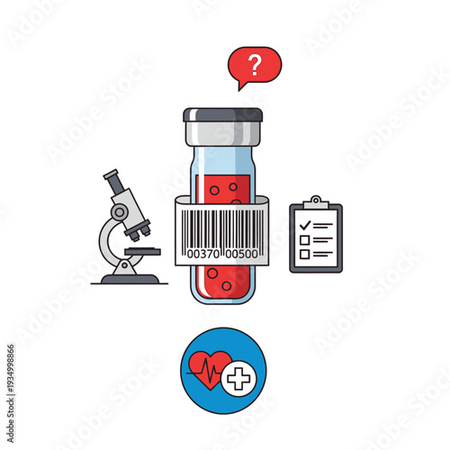 Medical laboratory research with blood sample, microscope, checklist and heart icon