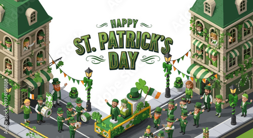 Isometric illustration of a lively St. Patrick's Day celebration with people in green outfits, shamrocks, and festive decorations in an urban setting with buildings and a trolley.