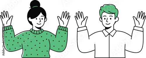 Man and woman raising hands illustration, friendly people greeting or volunteering gesture concept isolated character design