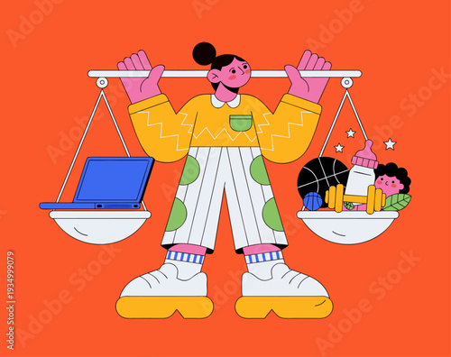 Woman Holding Scales Balancing Work and Personal Life Concept. Flat vector of a woman holding balance scales with a laptop on one side and family, sport, and home items. Vector illustration