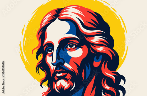 Art Jesus Portrait with Halo in Bold Red Blue Yellow. Bold art style illustration of Jesus Christ with a halo in red, blue, and yellow. Ideal for Christian posters, Easter designs. Vector illustration