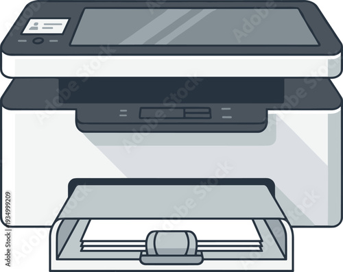 Office multifunction printer with paper tray illustration isolated on white background, printing scanning copying device for business workspace
