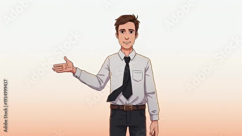 Animated man in a shirt and tie extends his hand in a welcoming gesture