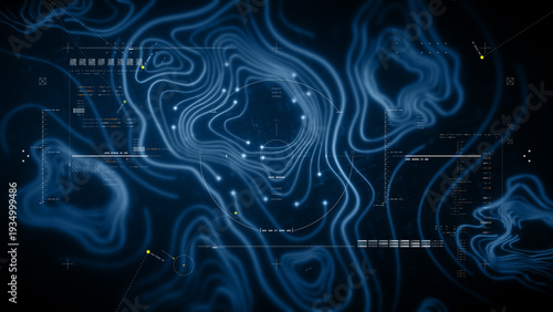 Futuristic holographic topographic environment featuring dynamic geomorphological terrain visualization, integrated into an advanced motion graphic user interface with a head-up display screen