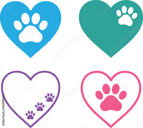 Heart Shape Paw Print Pet Love Vector Icon Set