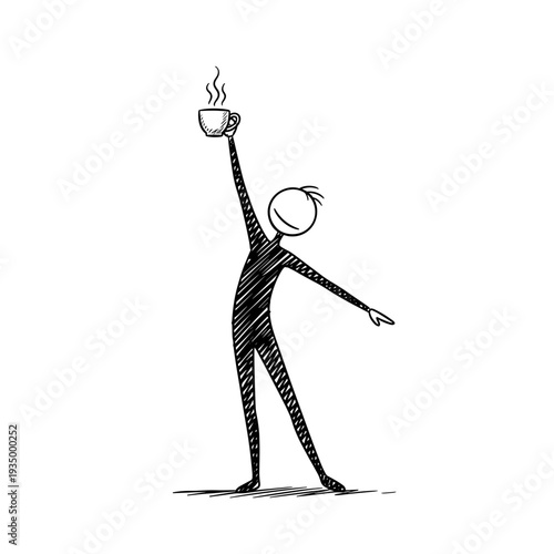 Cheerful stick figure celebrating morning coffee for motivational illustrations and wellness content