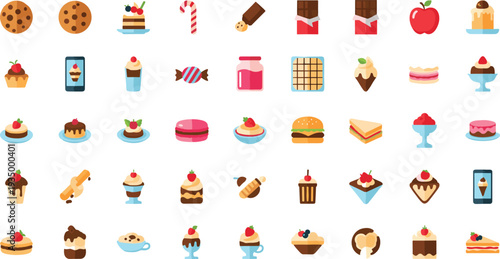 Sweet dessert and bakery food icon collection with cake ice cream chocolate candy cookie pastry waffle and cupcake illustration set.