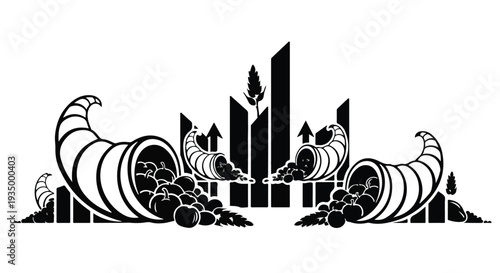 Abundant harvest cornucopias symbolize prosperity and growth against a stylized cityscape.