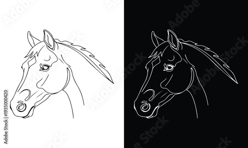 Black and White Line Art Horse Profile Icons on Split Background, Set of 2