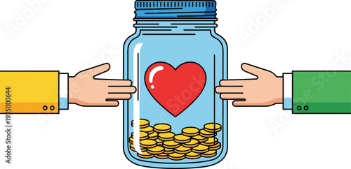 Hands exchanging glass jar filled with golden coins and red heart symbolizing charity donation fundraising love money support generosity community giving vector illustration concept
