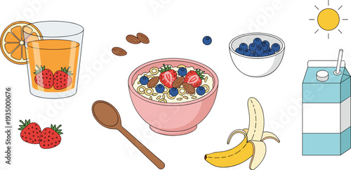 Healthy breakfast bowl with oatmeal fresh strawberries blueberries banana almonds orange juice milk carton spoon sunny morning healthy eating vector illustration lifestyle nutrition
