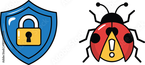Security shield with open padlock and ladybug warning alert bug insect antivirus protection vulnerability threat detection icon set colorful vector illustration for cybersecurity design