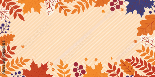 Autumn leaves and berries frame a light orange striped background