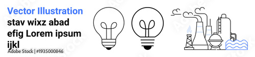 Energy conservation, renewable energy, innovation, environmental impact, industry, technology. Two light bulbs and factory emitting smoke. Energy conservation and renewable energy illustrated