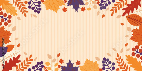 Autumn leaves and berries forming a decorative frame on a striped background