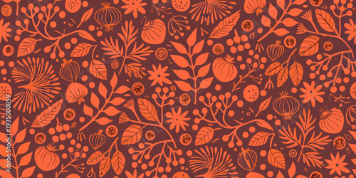 A vibrant repeating pattern of autumn fruits vegetables and foliage