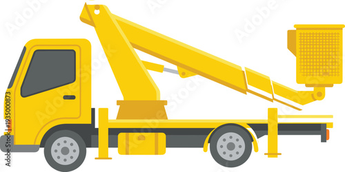 Yellow bucket truck with aerial platform illustration, utility maintenance vehicle for construction electrical repair service equipment design