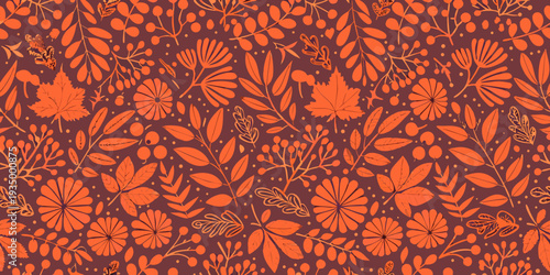 A vibrant floral pattern featuring orange and reddish brown botanical illustrations
