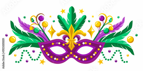 A colorful mardi gras mask and decorative elements arrangement