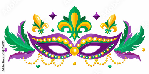 Colorful mardi gras mask with feathers and golden bead embellishments