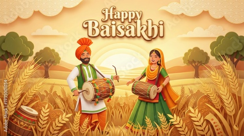 Happy Baisakhi festival celebration couple in traditional attire dancing joyfully in golden wheat field at sunset with decorative dhol