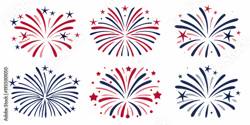 Colorful fireworks display with red white and blue bursts arranged neatly