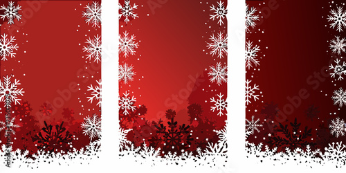 Festive red background with scattered white snowflakes and winter foliage
