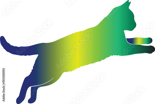 Colorful Leaping Cat Gradient Silhouette, Blue Green Yellow Feline Icon Vector