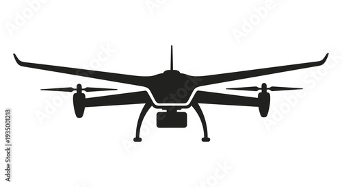 A stark black outline depicts a modern quadcopter drone with propellers showcasing a distinct silhouette high quality professional